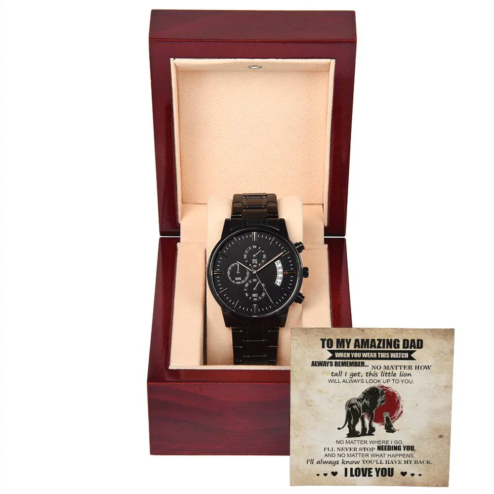 Gifts For Dad - Mens Black Wrist Watch with Mahogany Box and Message Card - This Little Lion