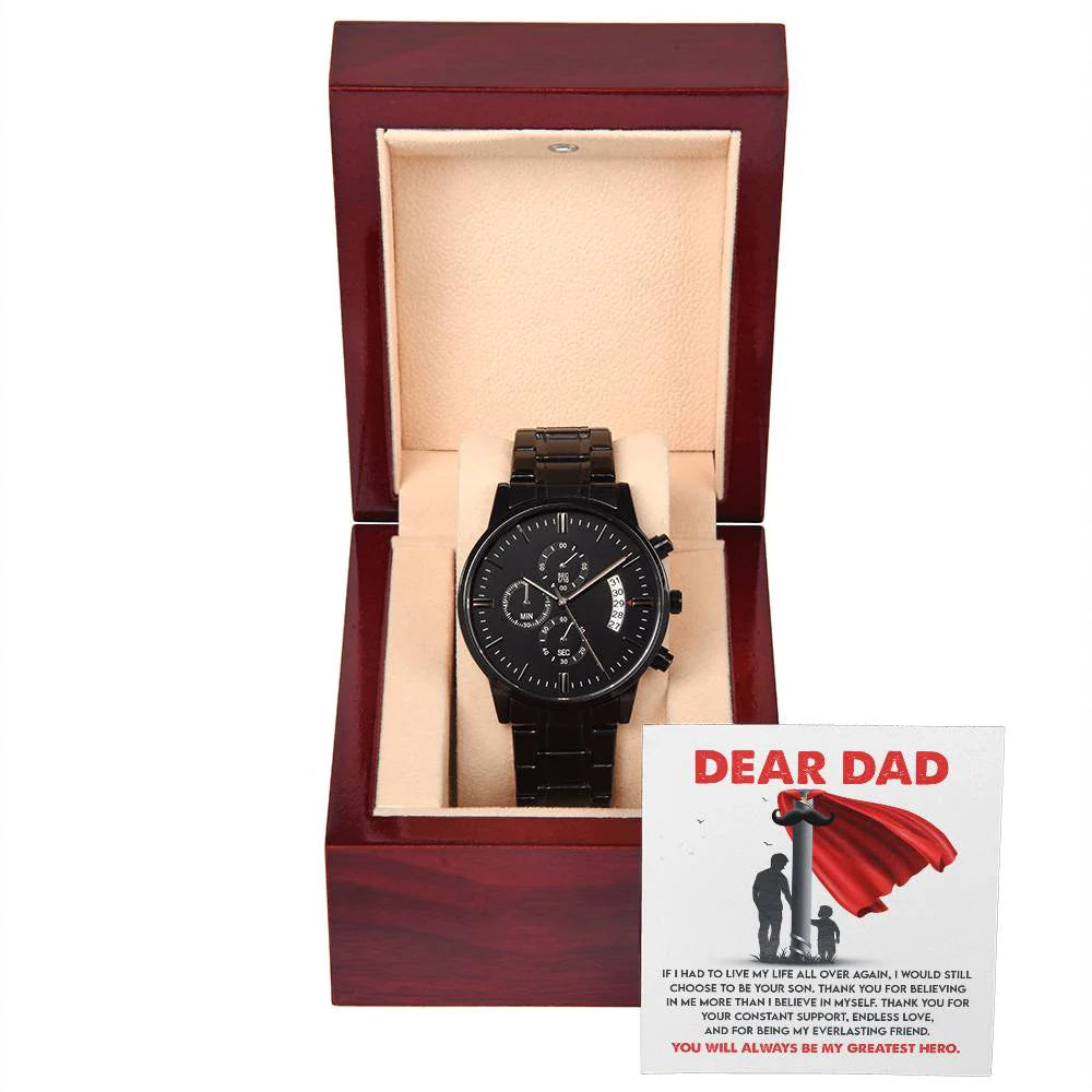 Gifts For Dad - Mens Black Wrist Watch with Mahogany Box and Message Card - My Greatest Hero