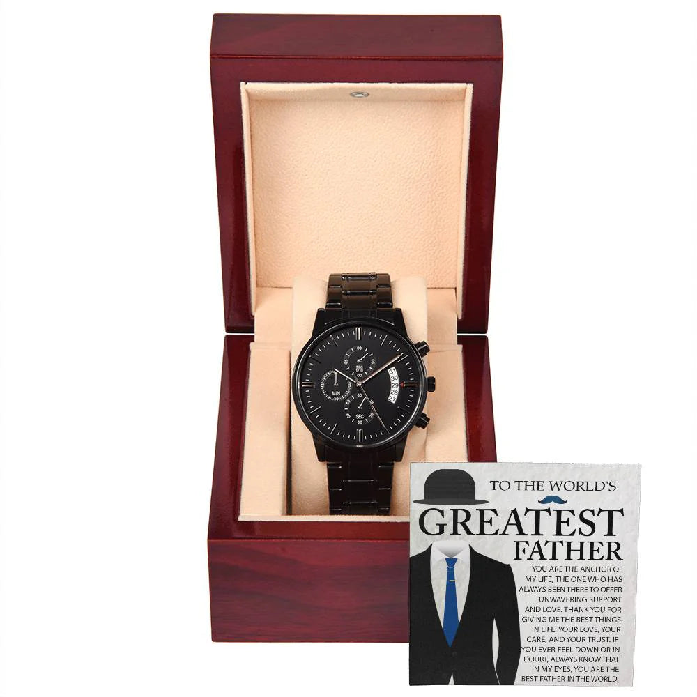 Gifts For Dad - Mens Black Wrist Watch with Mahogany Box and Message Card - The Anchor