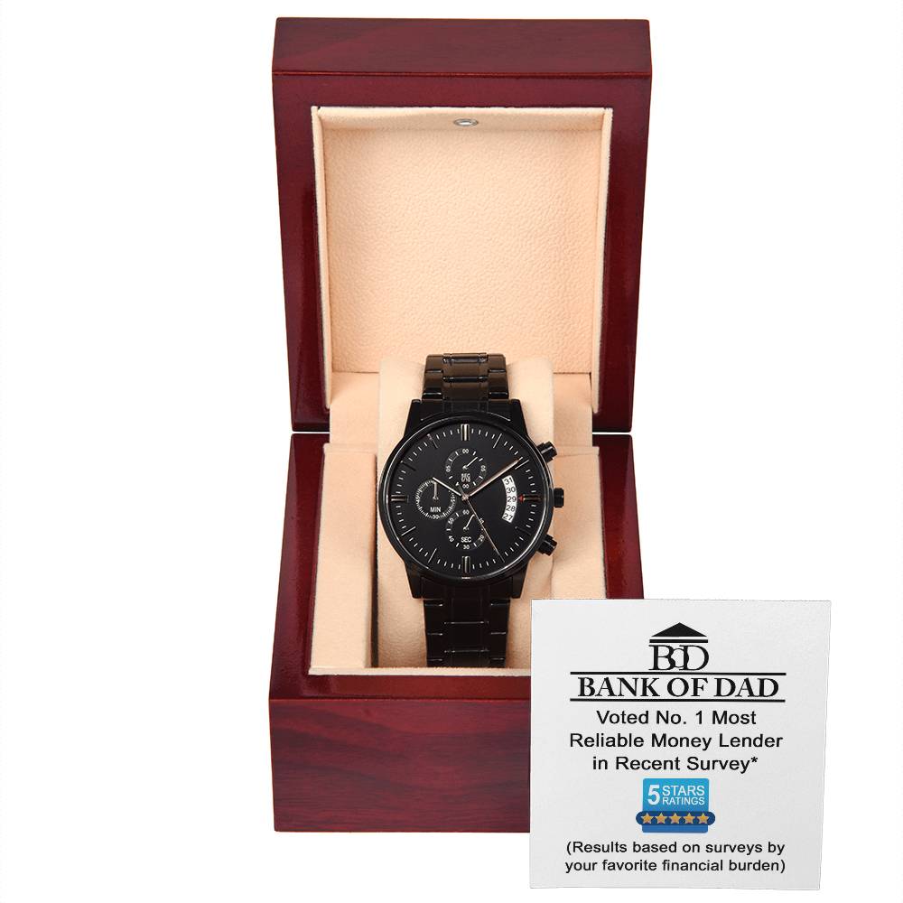 Gift For Dad - Mens Black Wrist Watch with Mahogany Box and Message Card - Financial Burden