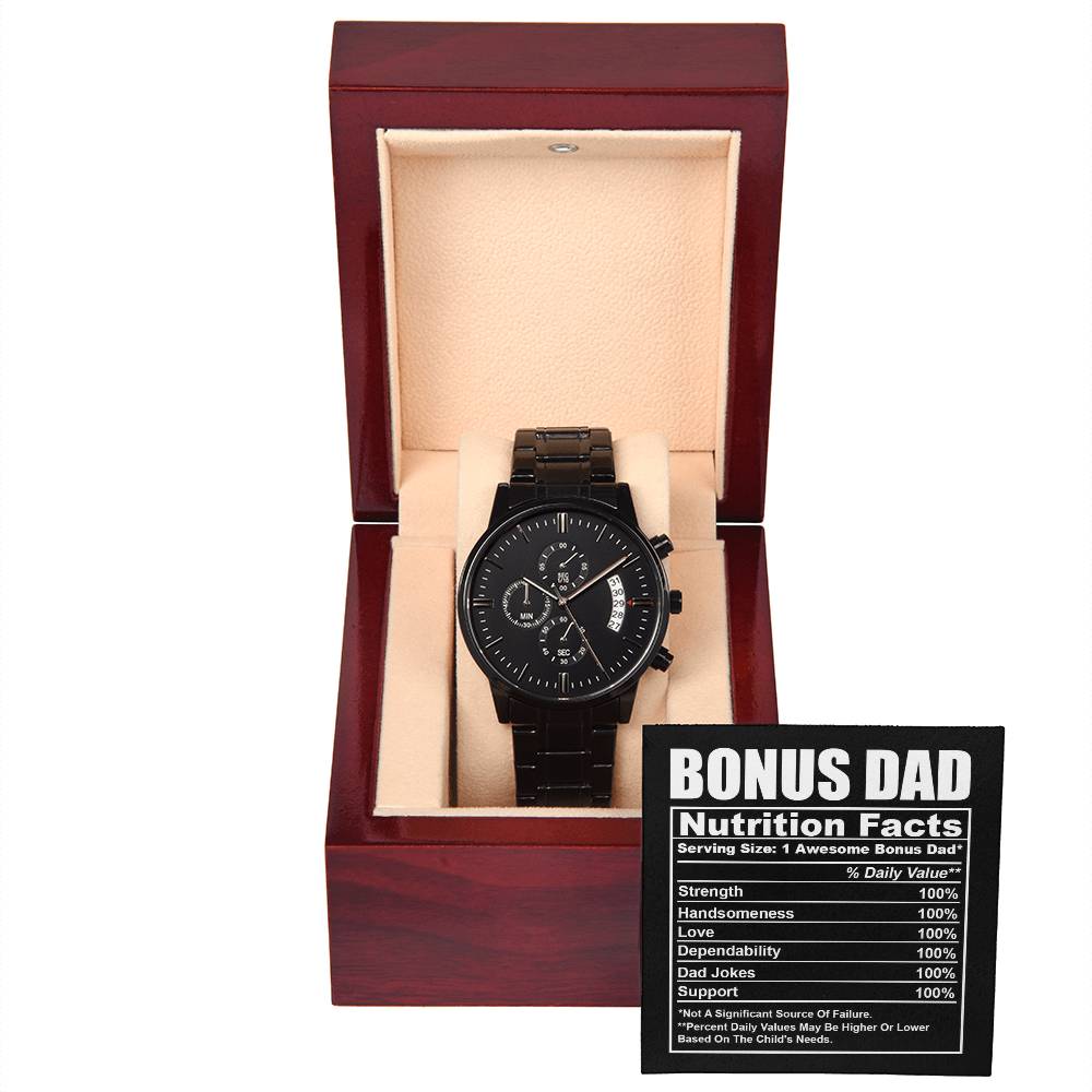 Gift For Bonus Dad - Mens Black Wrist Watch with Mahogany Box and Message Card - Nutrition