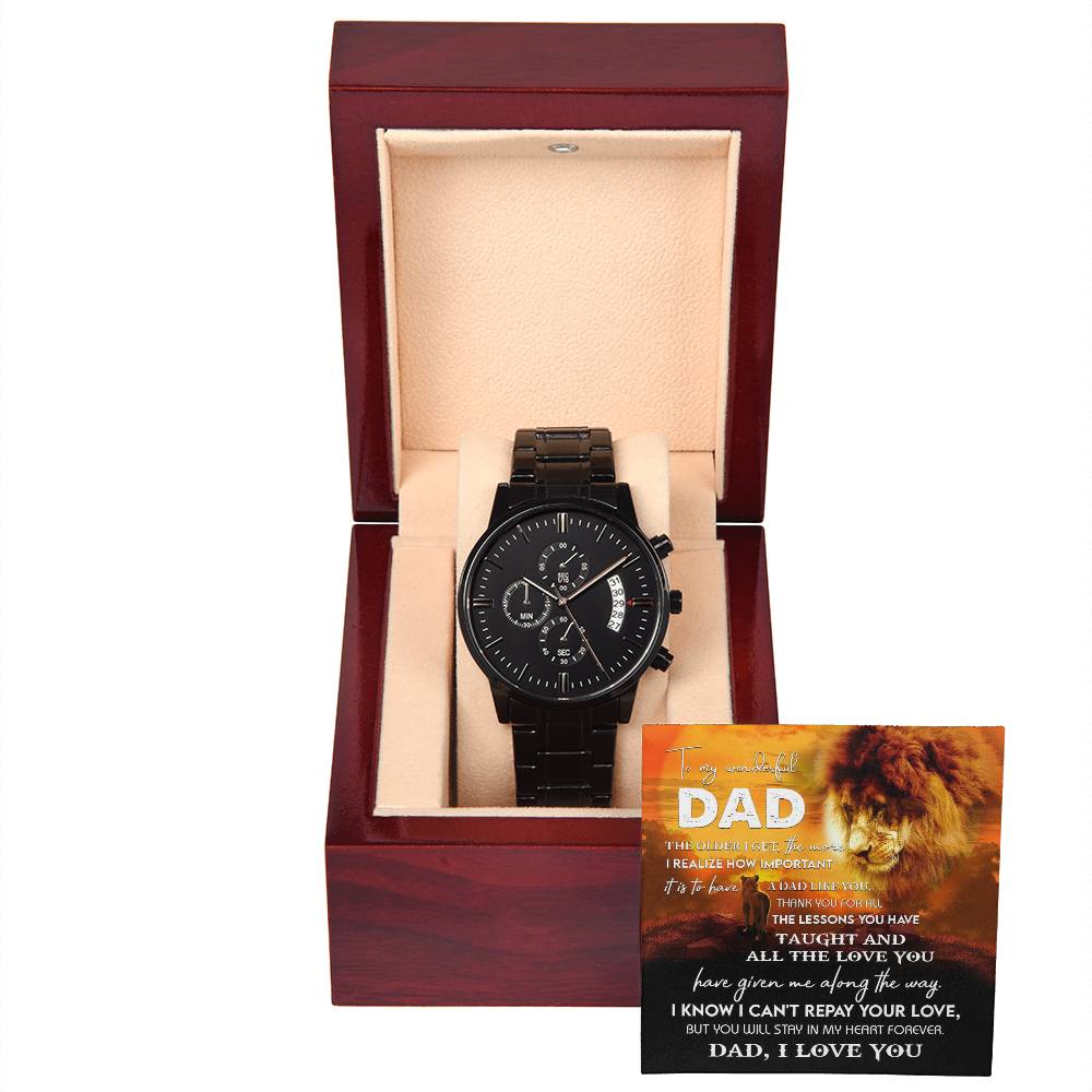 Gift For Dad - Mens Black Wrist Watch with Mahogany Box and Message Card - Repay Your Love