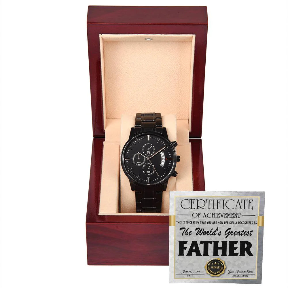 Gifts For Dad - Mens Black Wrist Watch with Mahogany Box and Message Card - World's Greatest Father Certificate