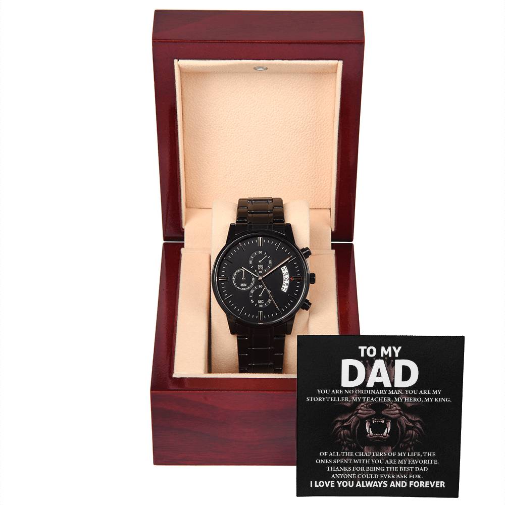 Gift For Dad - Mens Black Wrist Watch with Mahogany Box and Message Card - My Story Teller