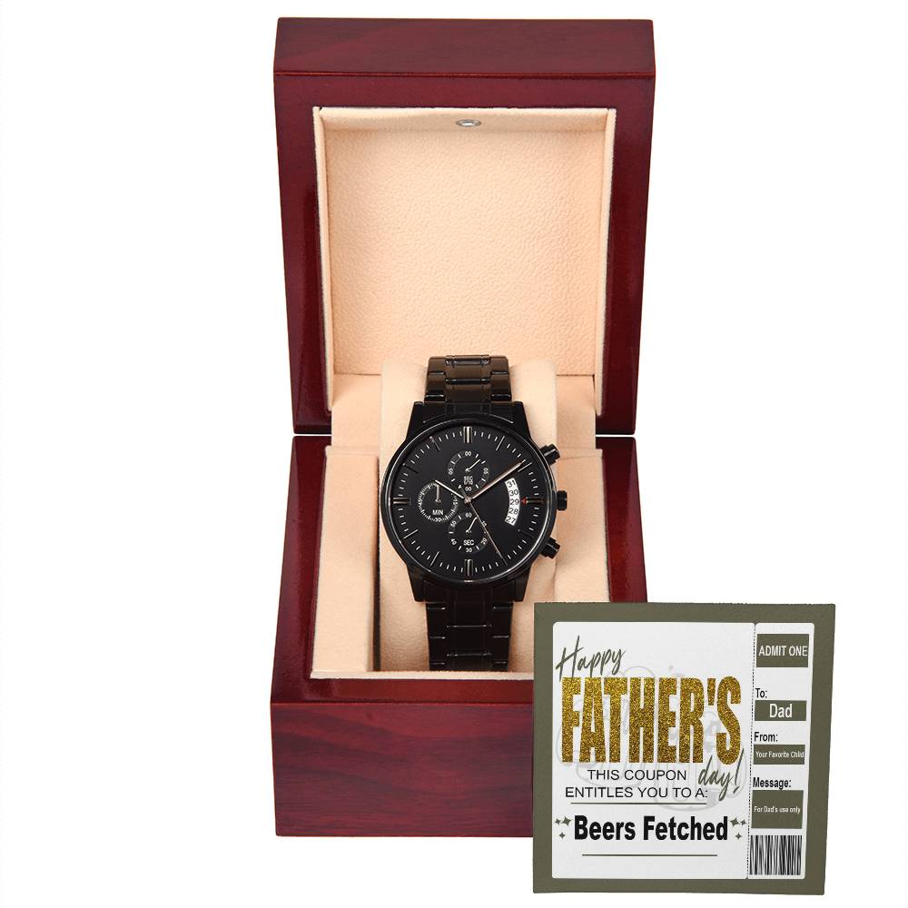 Gift For Dad - Mens Black Wrist Watch with Mahogany Box and Message Card - Beers Fetched