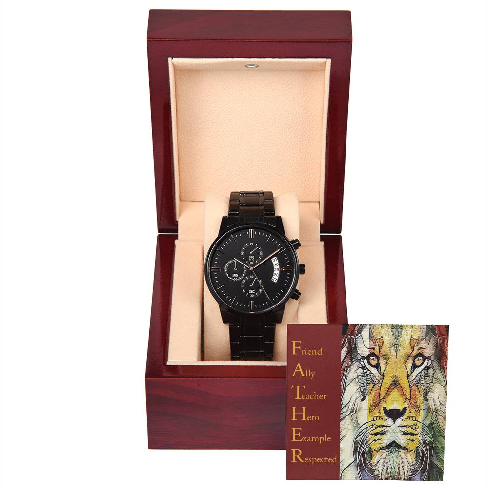 Gift For Dad - Mens Black Wrist Watch with Mahogany Box and Message Card - Respected