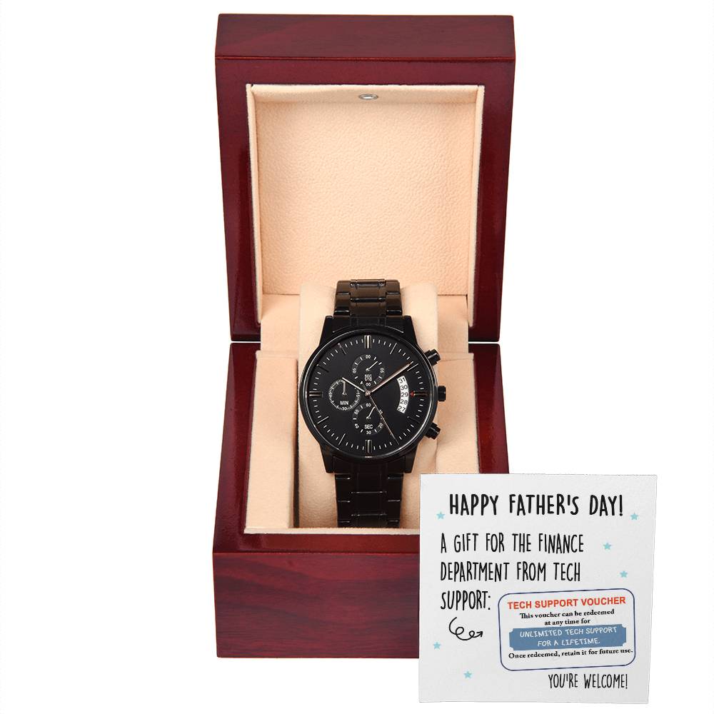 Father's Day Gift For Dad - Mens Black Wrist Watch with Mahogany Box and Message Card - Tech Support Voucher