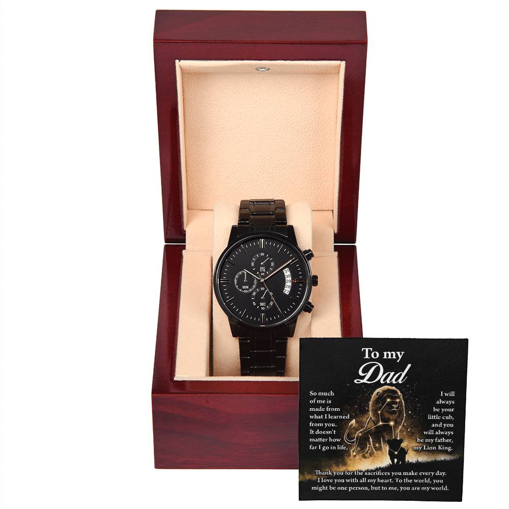 Gift For Dad - Mens Black Wrist Watch with Mahogany Box and Message Card - This Little Lion