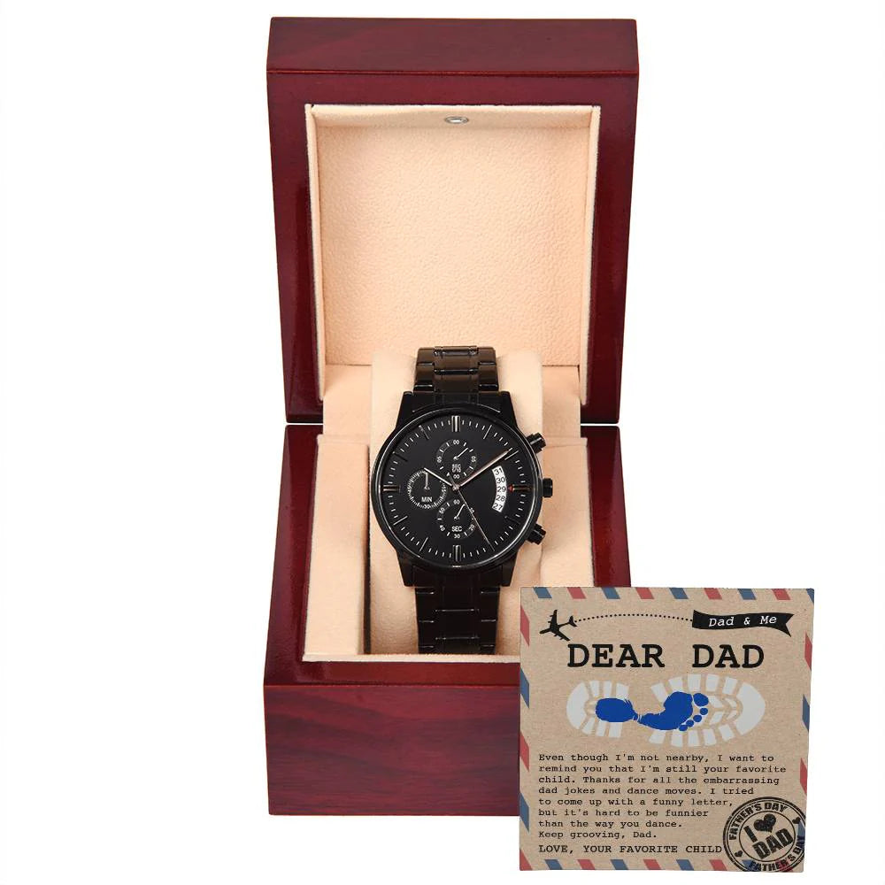 Gifts For Dad - Mens Black Wrist Watch with Mahogany Box and Message Card - Your Favorite Child