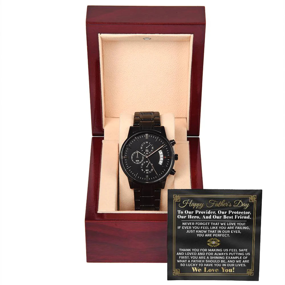 Gifts For Dad - Mens Black Wrist Watch with Mahogany Box and Message Card - Our Protector