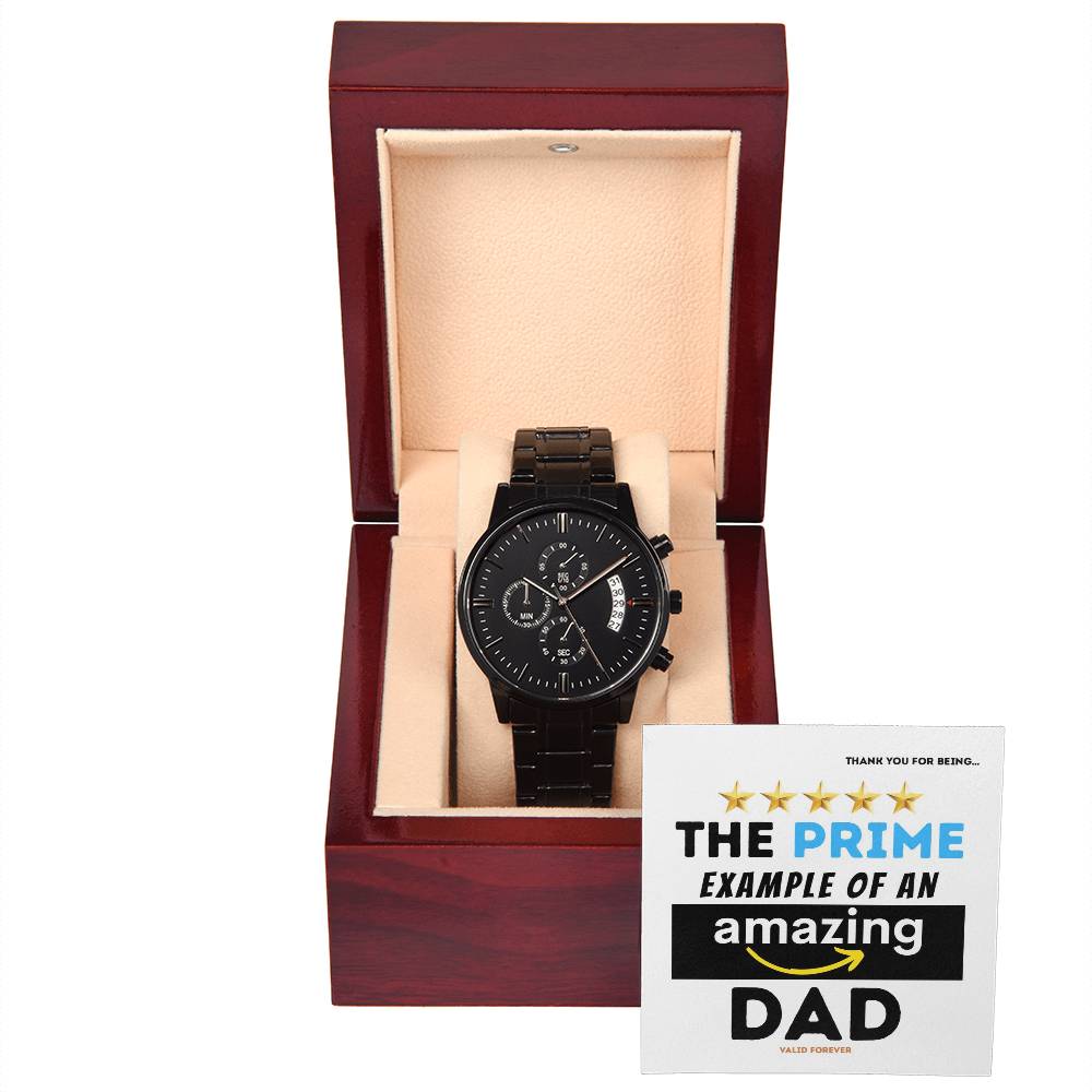 Gift For Dad - Mens Black Wrist Watch with Mahogany Box and Message Card - The Prime Example