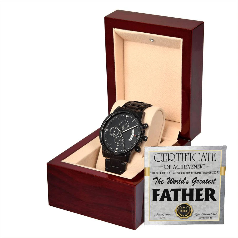 Gifts For Dad - Mens Black Wrist Watch with Mahogany Box and Message Card - World's Greatest Father Certificate