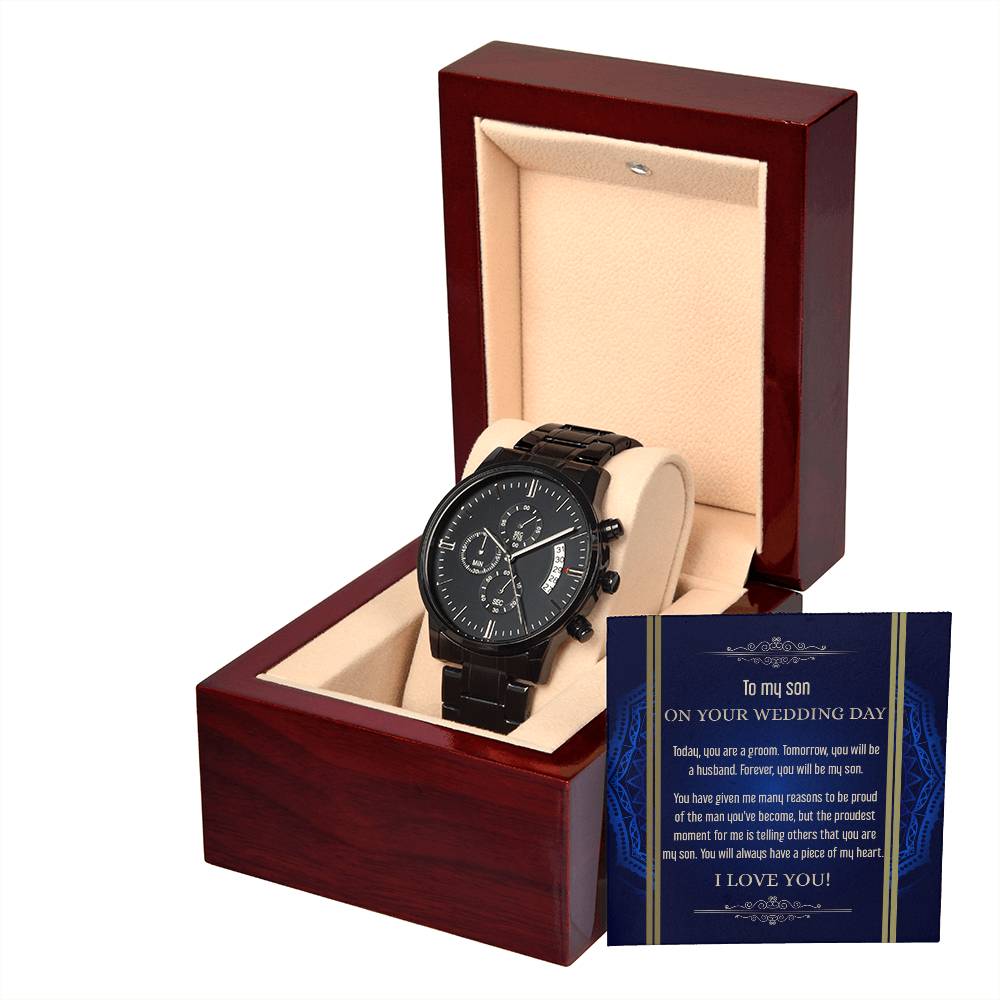 To My Son - Mens Black Wrist Watch with Mahogany Box and Message Card - Be My Son