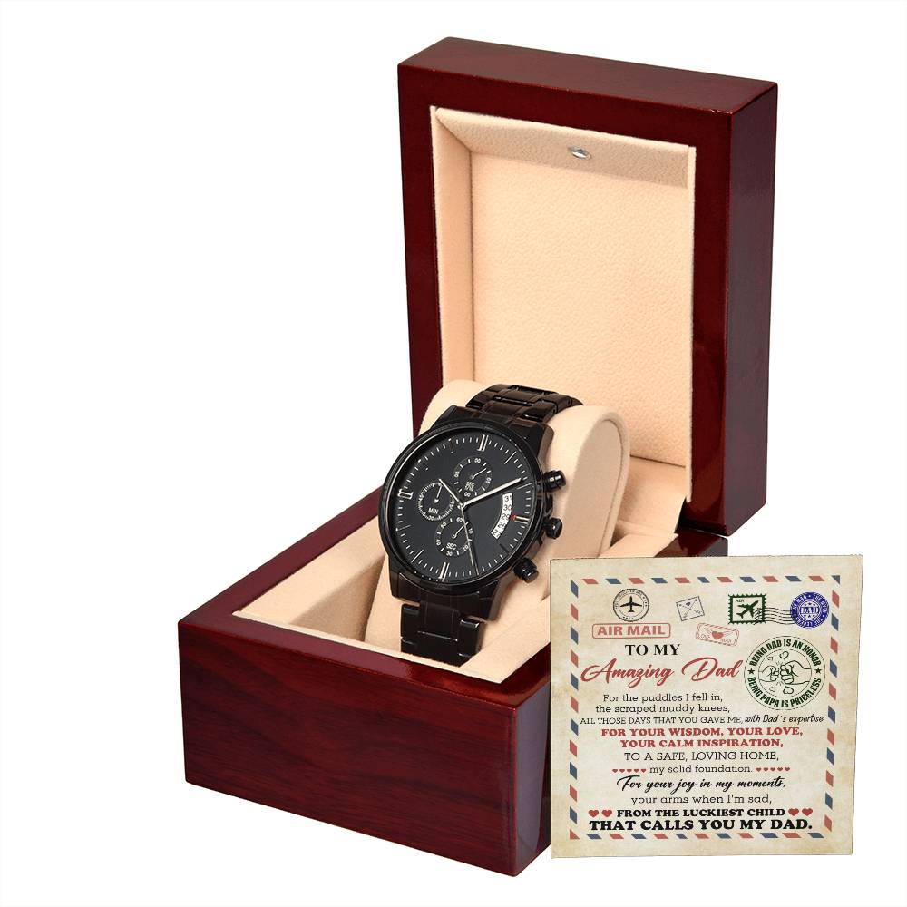 Gift For Dad - Mens Black Wrist Watch with Mahogany Box and Message Card - The Luckiest Child