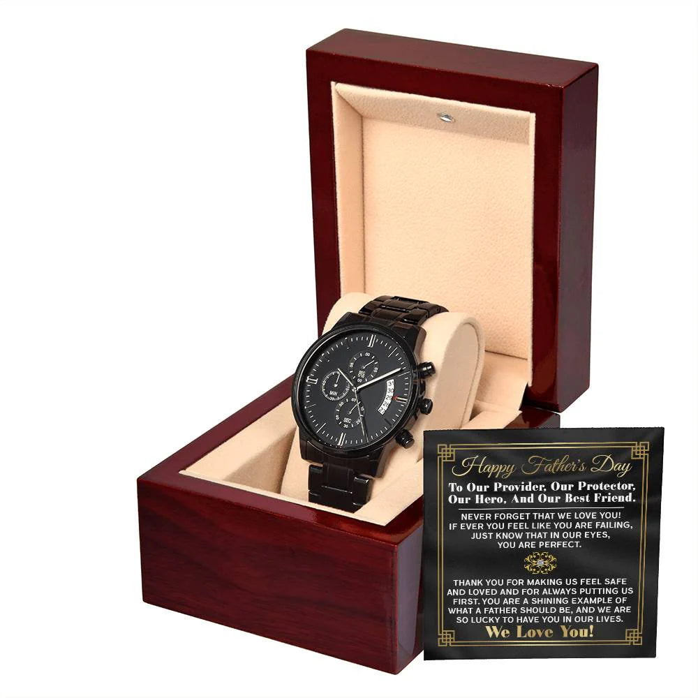 Gifts For Dad - Mens Black Wrist Watch with Mahogany Box and Message Card - Our Protector