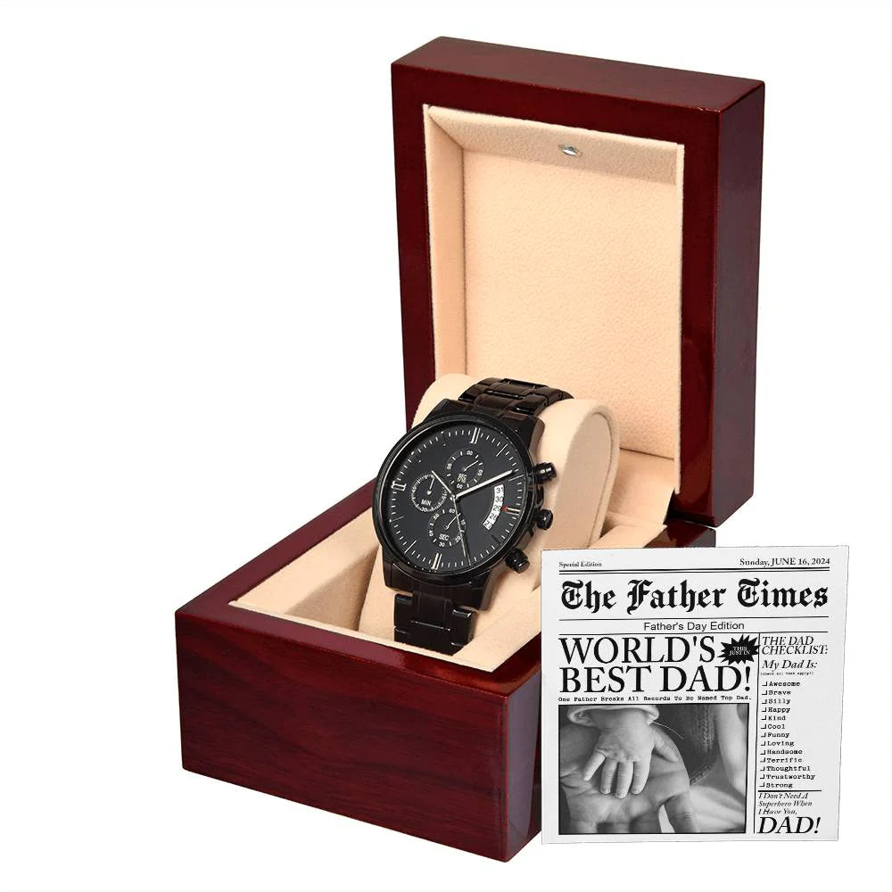 Gifts For Dad - Mens Black Wrist Watch with Mahogany Box and Message Card - The Father Times Newspaper