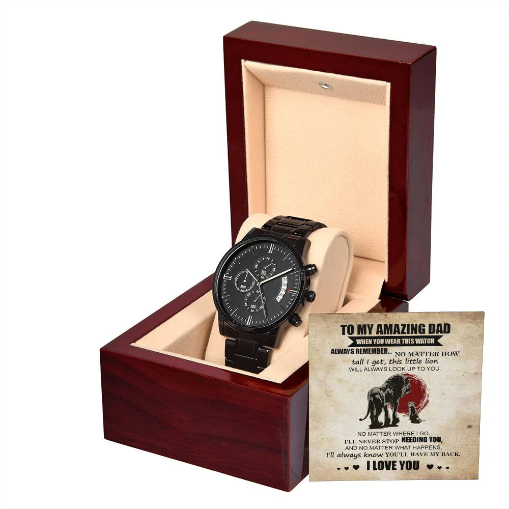 Gifts For Dad - Mens Black Wrist Watch with Mahogany Box and Message Card - This Little Lion