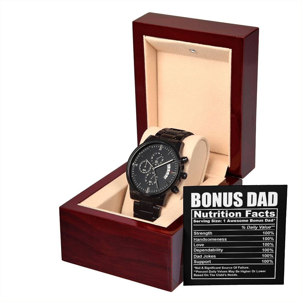 Gift For Bonus Dad - Mens Black Wrist Watch with Mahogany Box and Message Card - Nutrition