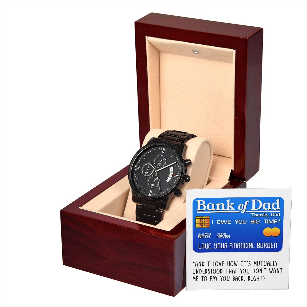 Gift For Dad - Mens Black Wrist Watch with Mahogany Box and Message Card - Bank of Dad