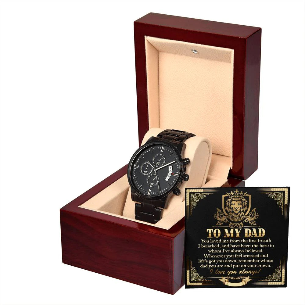 Gifts For Dad - Mens Black Wrist Watch with Mahogany Box and Message Card - On Your Crown