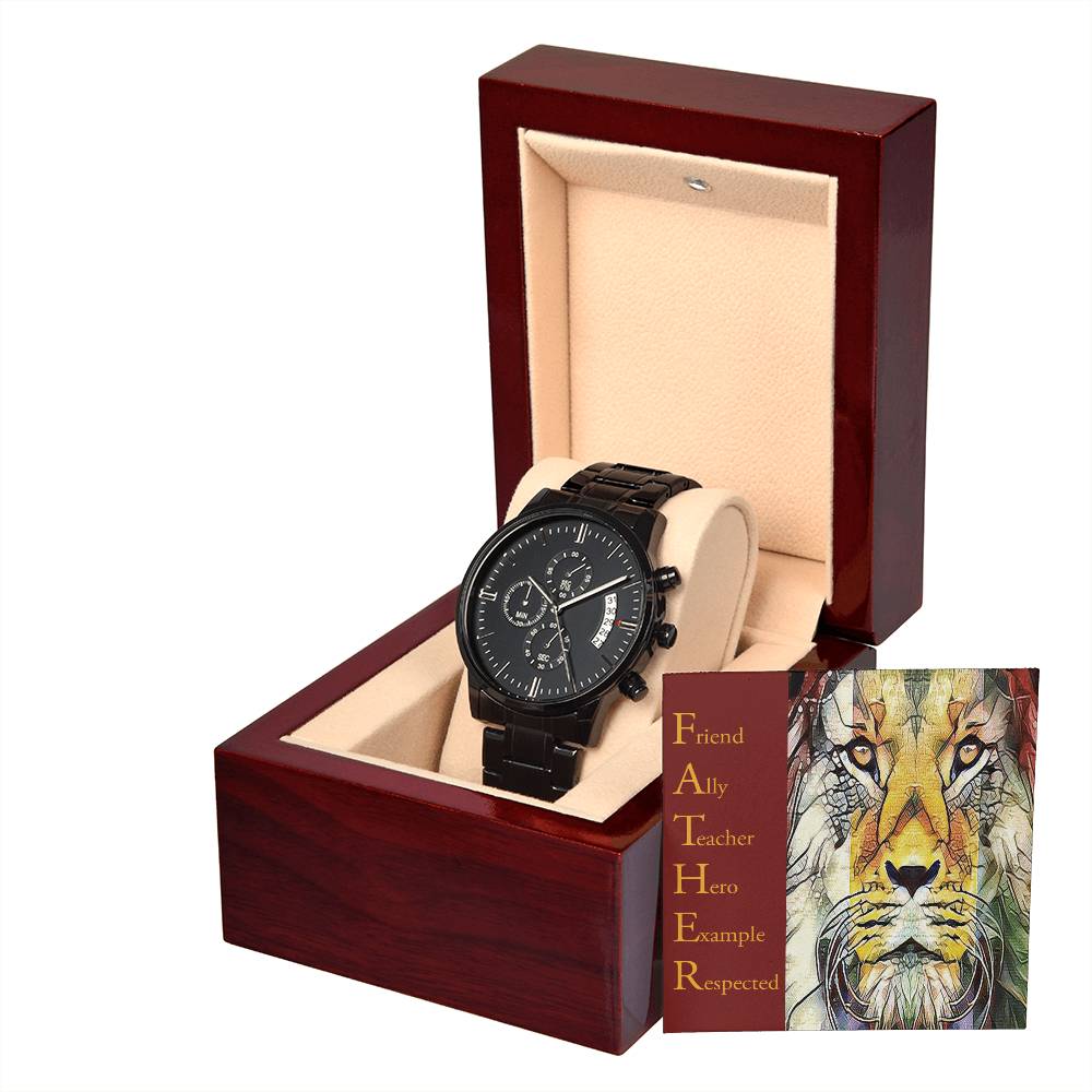 Gift For Dad - Mens Black Wrist Watch with Mahogany Box and Message Card - Respected