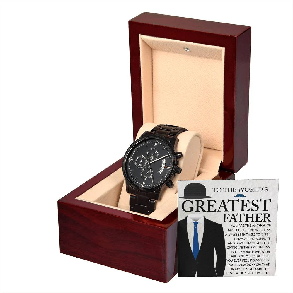 Gifts For Dad - Mens Black Wrist Watch with Mahogany Box and Message Card - The Anchor