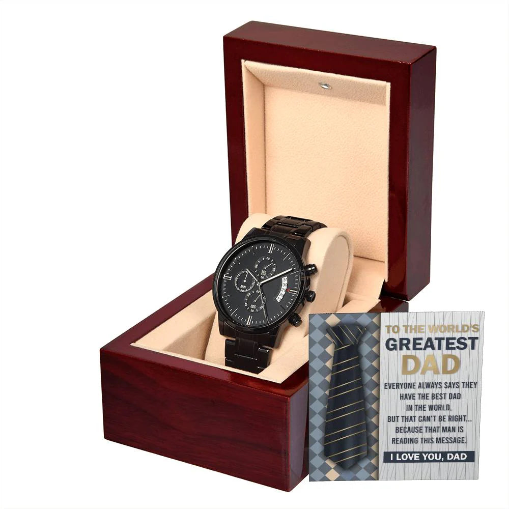 Gifts For Dad - Mens Black Wrist Watch with Mahogany Box and Message Card - That Man