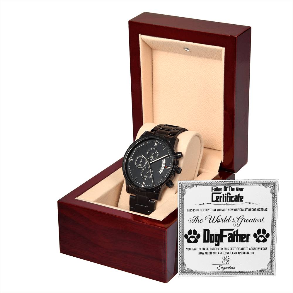 Gift For A Dog Dad - Mens Black Wrist Watch with Mahogany Box and Message Card - Dog Father Of The Year Certificate