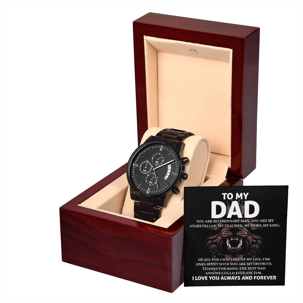 Gift For Dad - Mens Black Wrist Watch with Mahogany Box and Message Card - My Story Teller