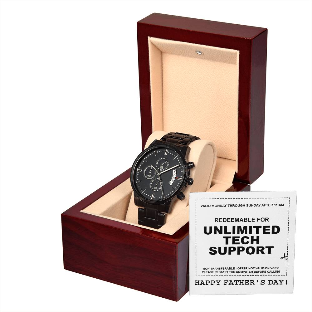 Gift For Dad - Mens Black Wrist Watch with Mahogany Box and Message Card - Unlimited Tech Support