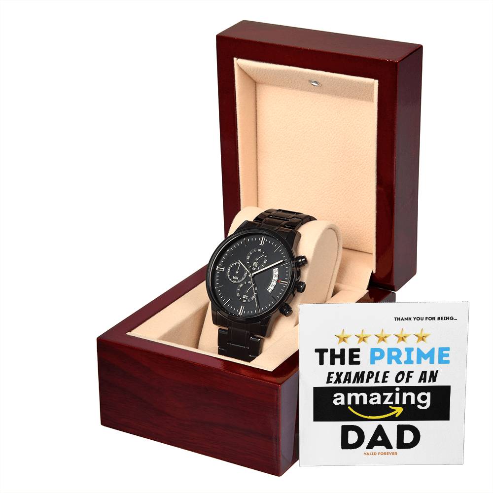 Gift For Dad - Mens Black Wrist Watch with Mahogany Box and Message Card - The Prime Example