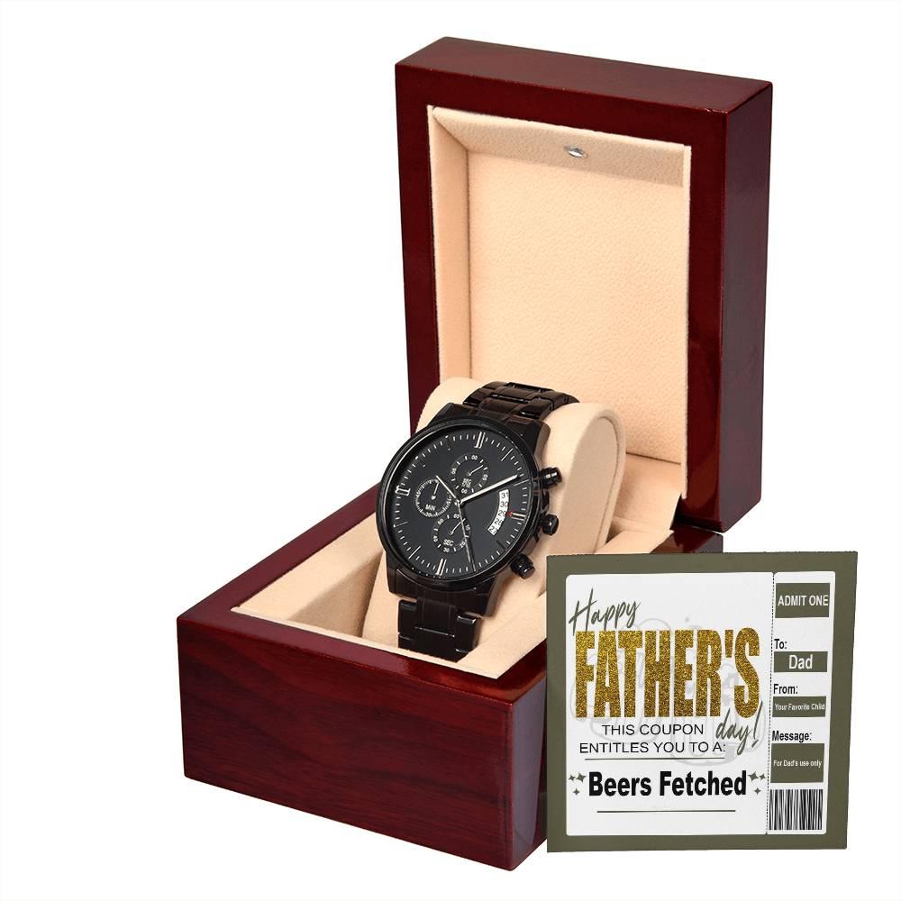 Gift For Dad - Mens Black Wrist Watch with Mahogany Box and Message Card - Beers Fetched