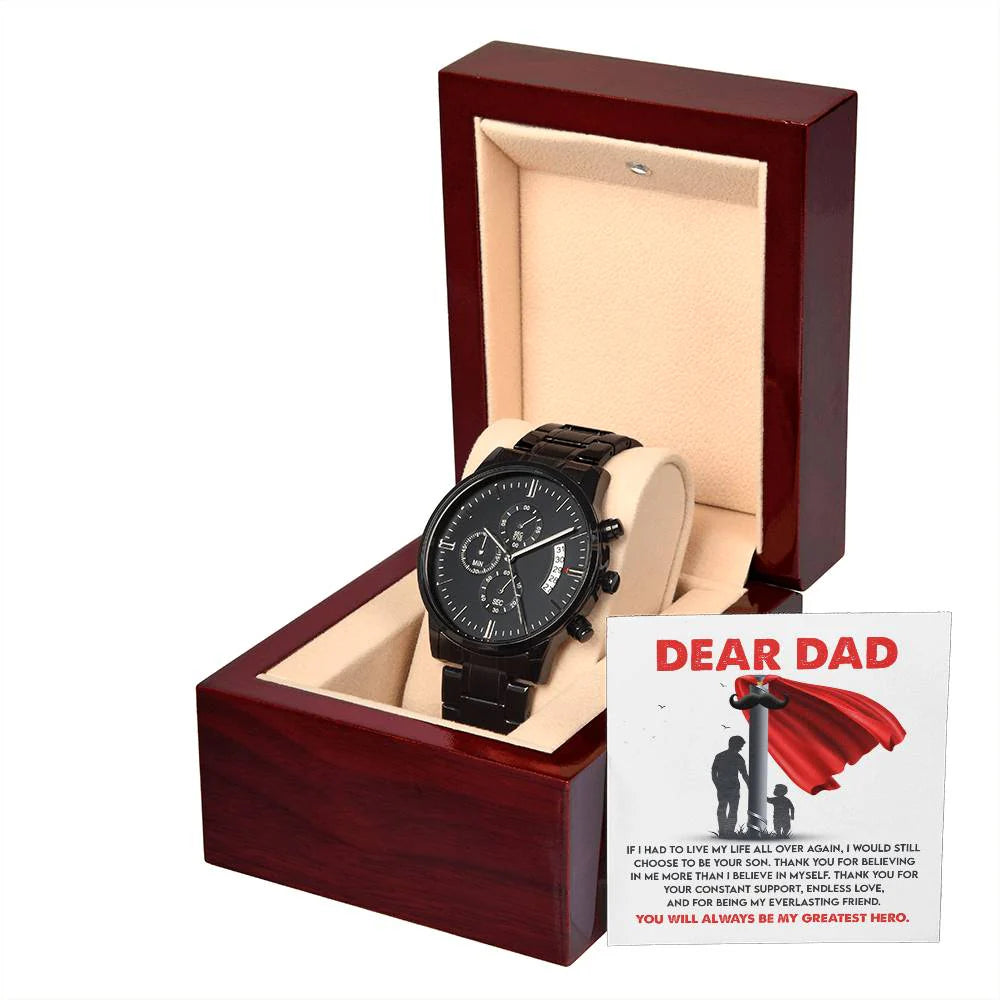 Gifts For Dad - Mens Black Wrist Watch with Mahogany Box and Message Card - My Greatest Hero