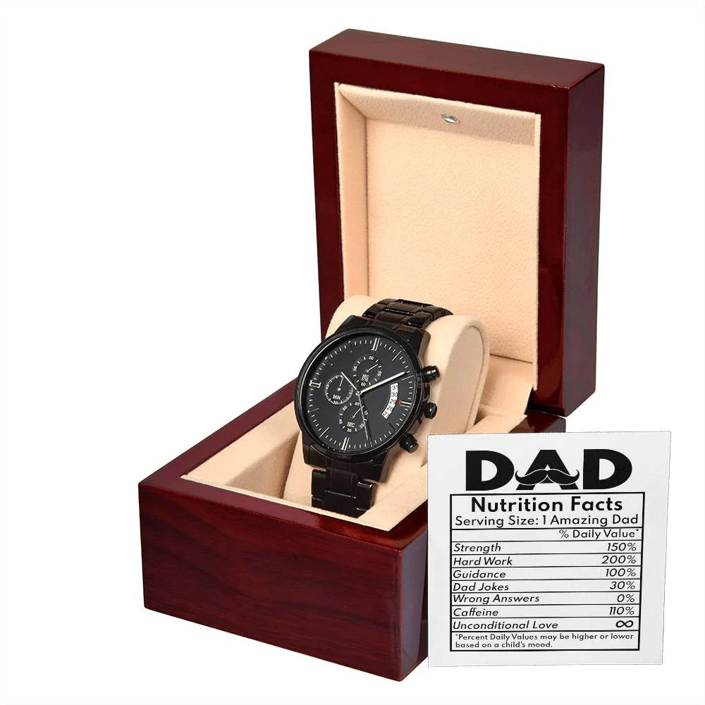 Gifts For Dad - Mens Black Wrist Watch with Mahogany Box and Message Card - Dad Nutrition Facts