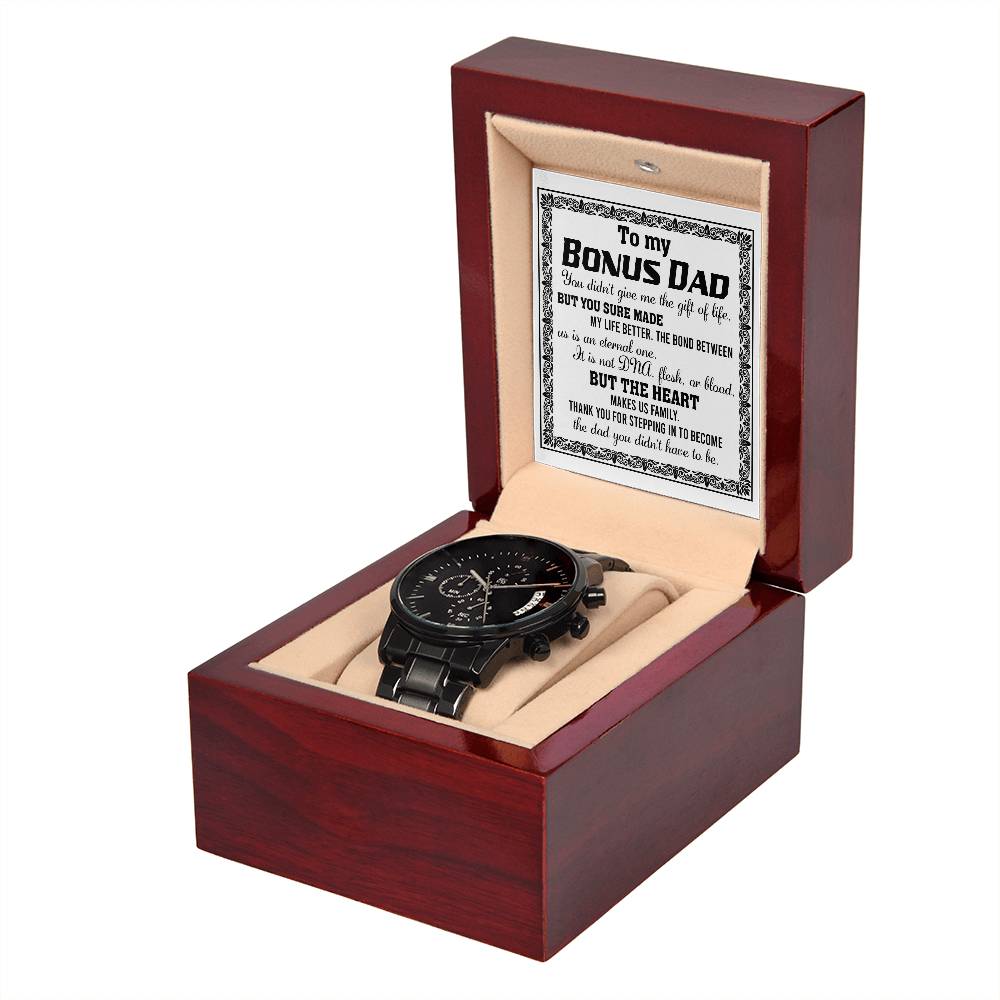 Bonus Dad Watch Gift - Gift Of Life - Black Chronograph Watch with Mahogany Box