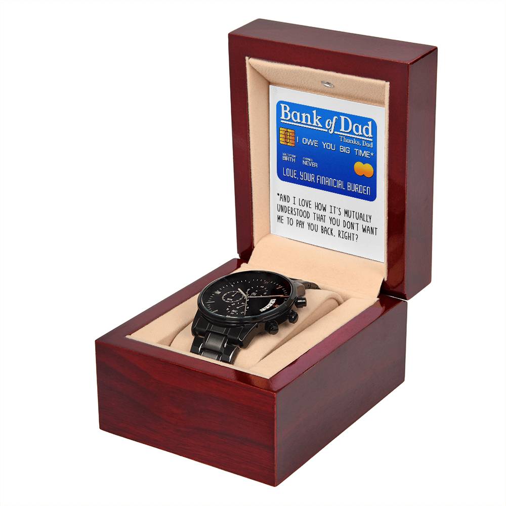 Gift For Dad - Mens Black Wrist Watch with Mahogany Box and Message Card - Bank of Dad