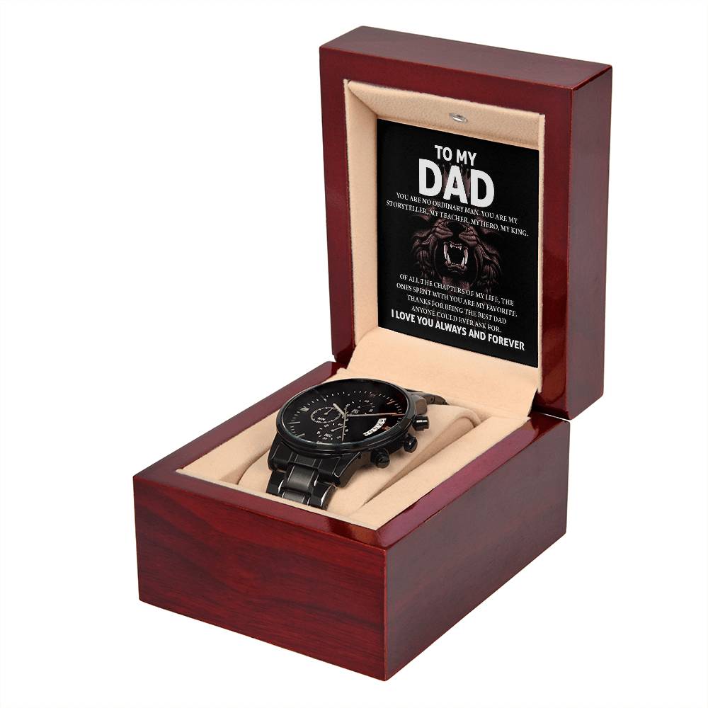 Gift For Dad - Mens Black Wrist Watch with Mahogany Box and Message Card - My Story Teller