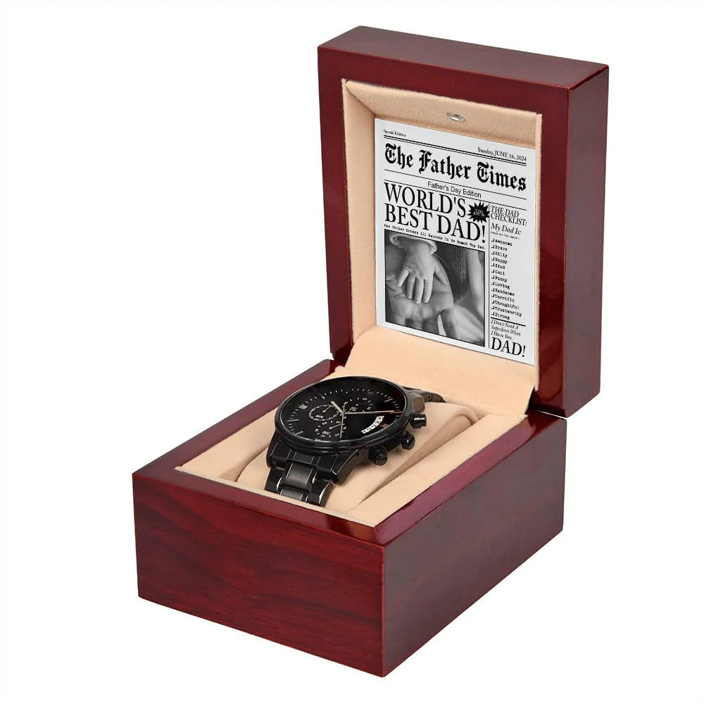 Gifts For Dad - Mens Black Wrist Watch with Mahogany Box and Message Card - The Father Times Newspaper