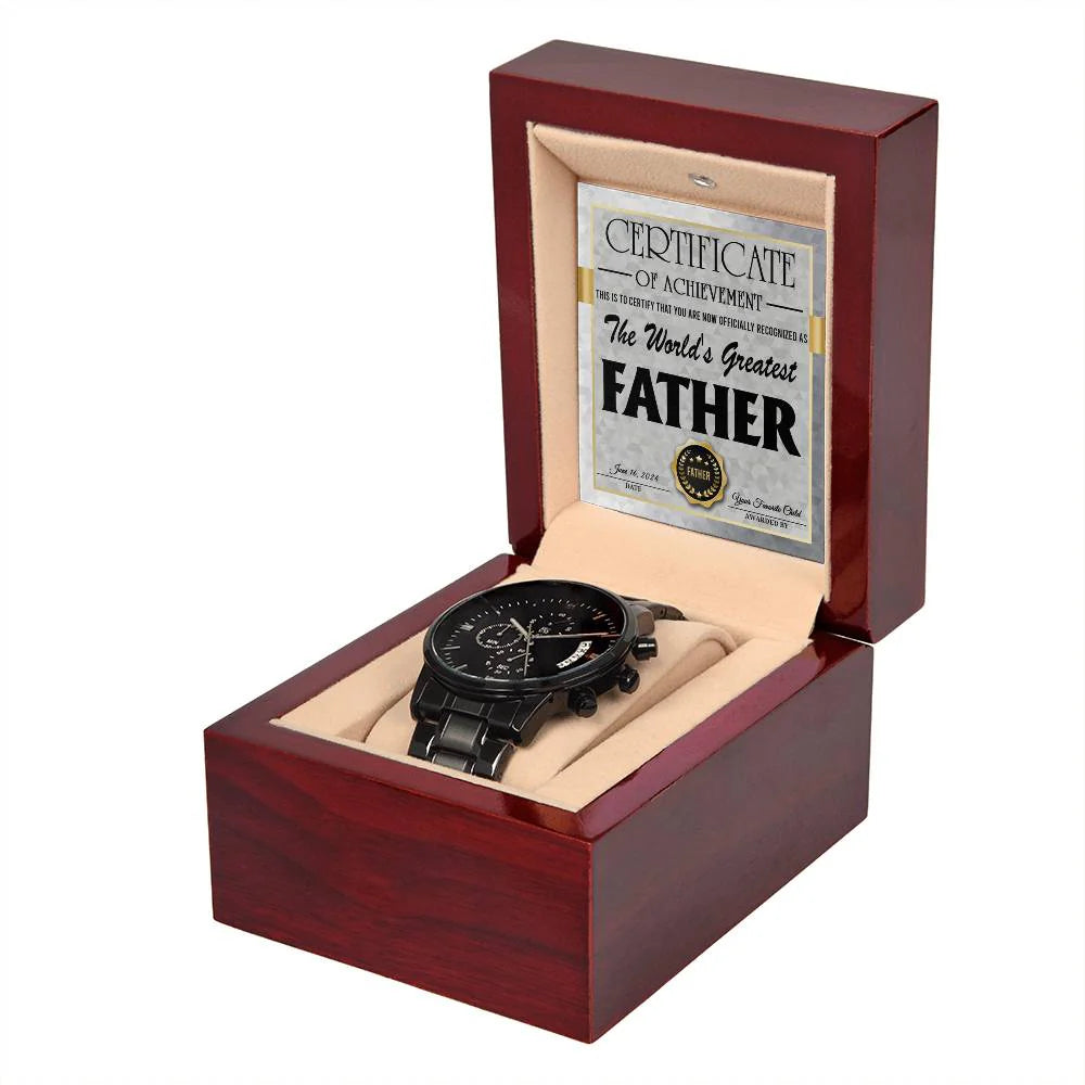 Gifts For Dad - Mens Black Wrist Watch with Mahogany Box and Message Card - World's Greatest Father Certificate