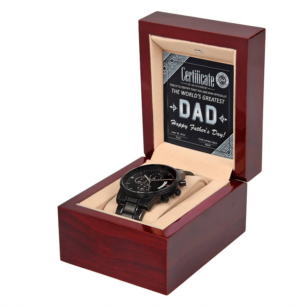 Dad Watch Gift - Certificate of Achievement - Black Chronograph Watch with Mahogany Box