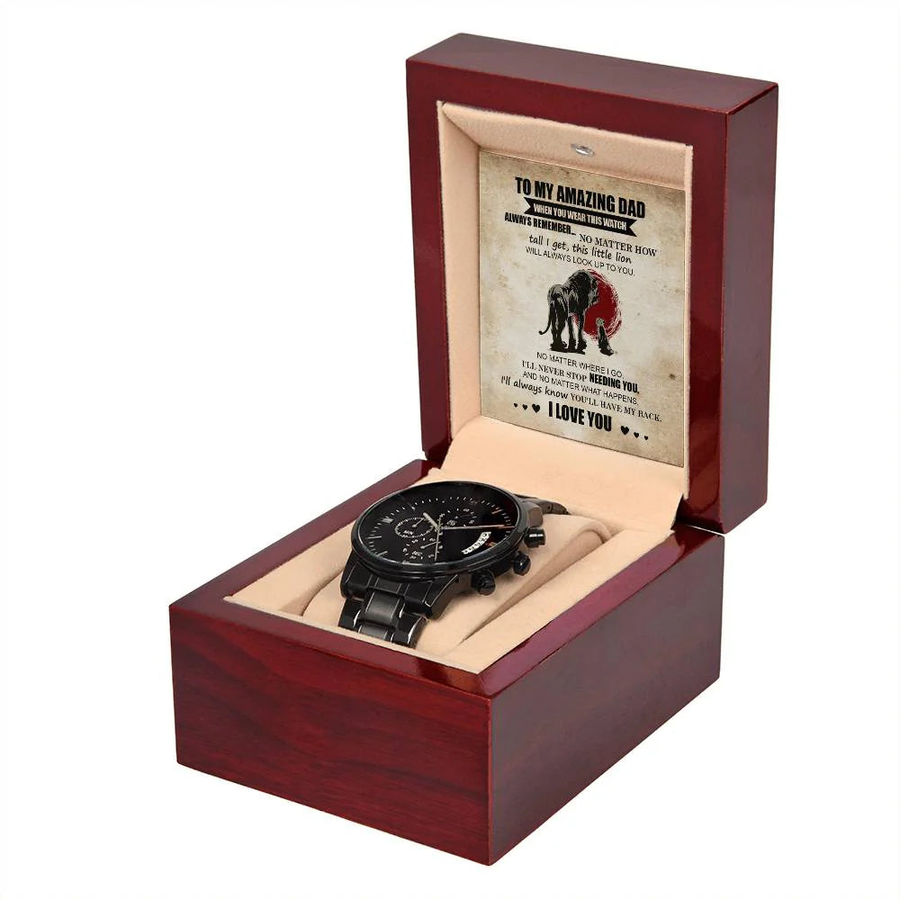 Gifts For Dad - Mens Black Wrist Watch with Mahogany Box and Message Card - This Little Lion