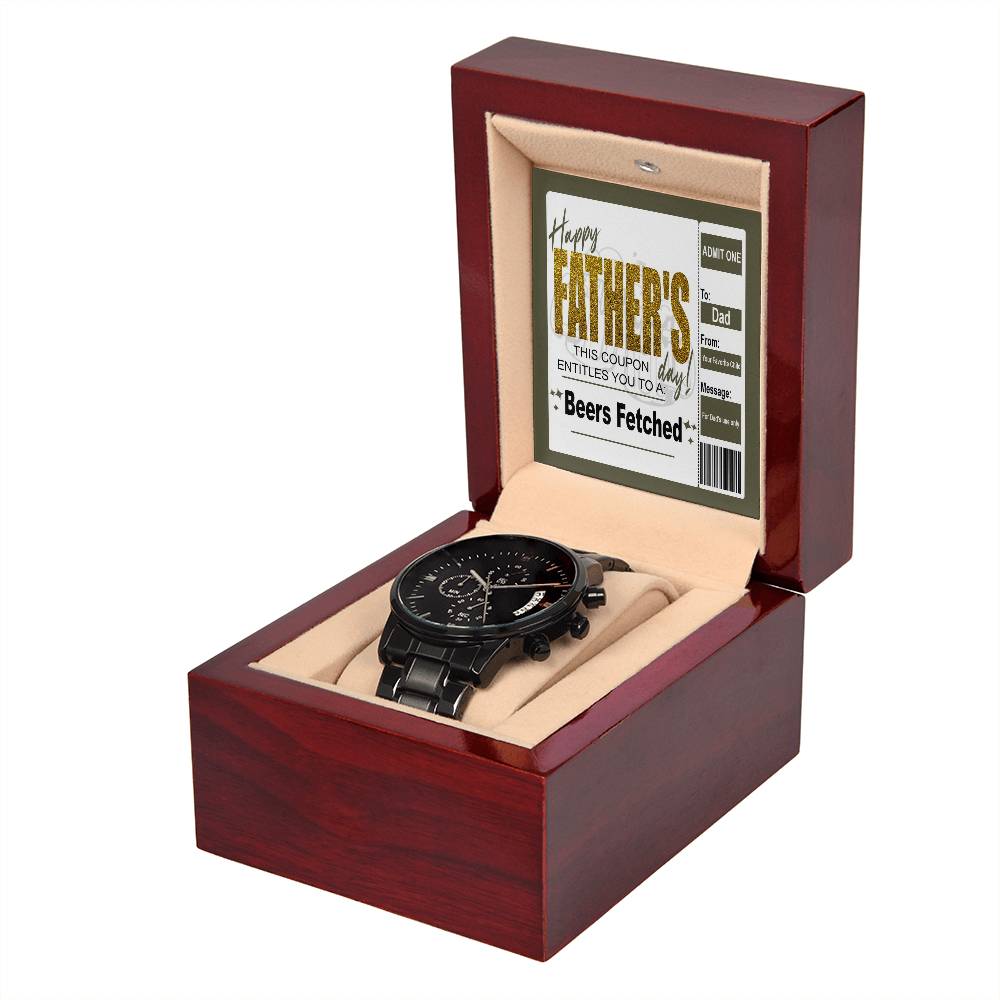 Gift For Dad - Mens Black Wrist Watch with Mahogany Box and Message Card - Beers Fetched