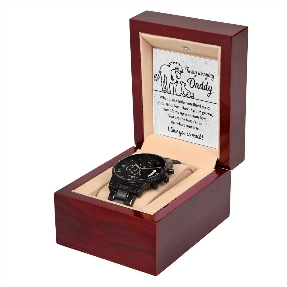 Gifts For Dad - Mens Black Wrist Watch with Mahogany Box and Message Card - On Your Shoulders