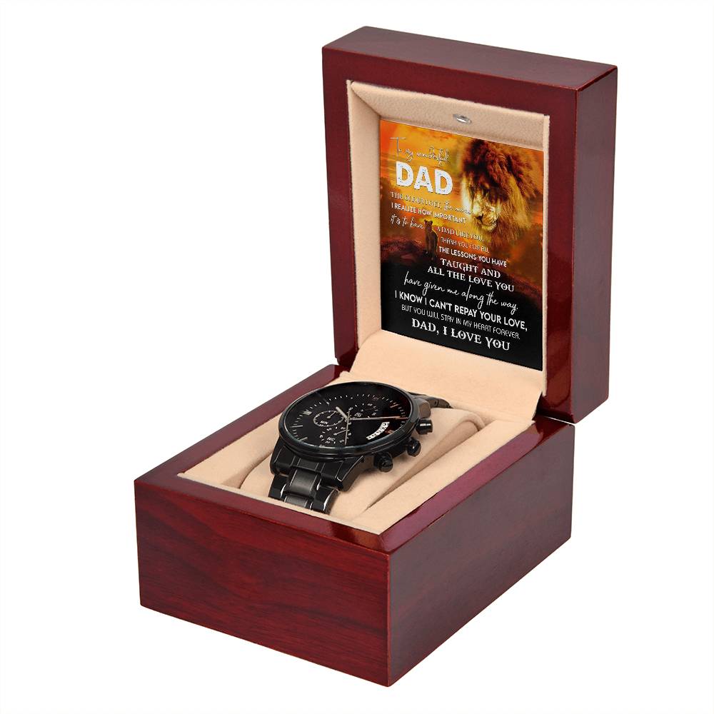 Gift For Dad - Mens Black Wrist Watch with Mahogany Box and Message Card - Repay Your Love