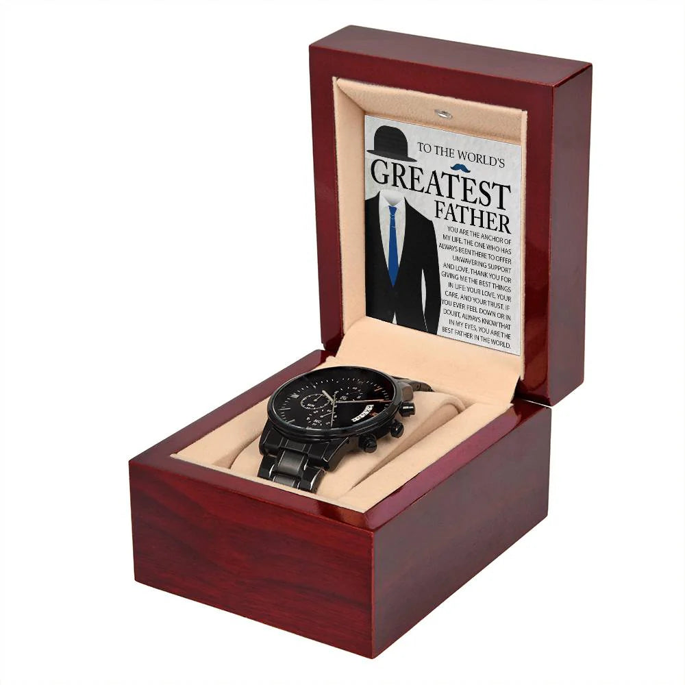 Gifts For Dad - Mens Black Wrist Watch with Mahogany Box and Message Card - The Anchor