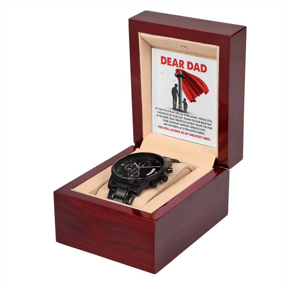 Gifts For Dad - Mens Black Wrist Watch with Mahogany Box and Message Card - My Greatest Hero