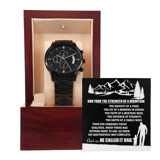 Dad Watch Gift - Called It Dad - Black Chronograph Watch with Mahogany Box