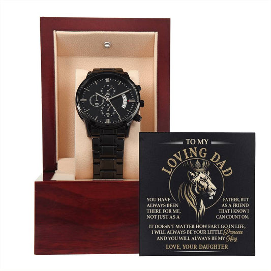 Dad Watch Gift - Always Be My King - Black Chronograph Watch with Mahogany Box