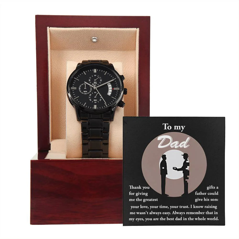 Gifts For Dad - Mens Black Wrist Watch with Mahogany Box and Message Card - The Greatest Gifts