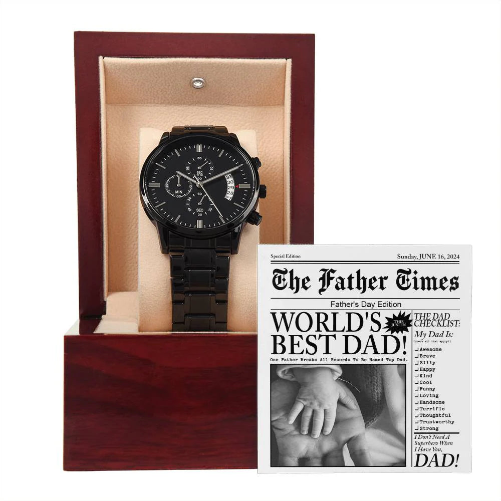 Gifts For Dad - Mens Black Wrist Watch with Mahogany Box and Message Card - The Father Times Newspaper